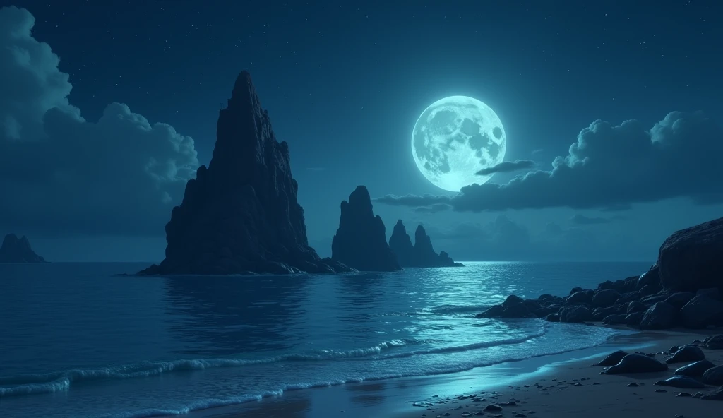 Generate realistic cinematic and 3d cartoon styles image "A moonlit night scene of Ram Setu, with the ancient stones illuminated under the soft glow of the full moon, creating a peaceful atmosphere."