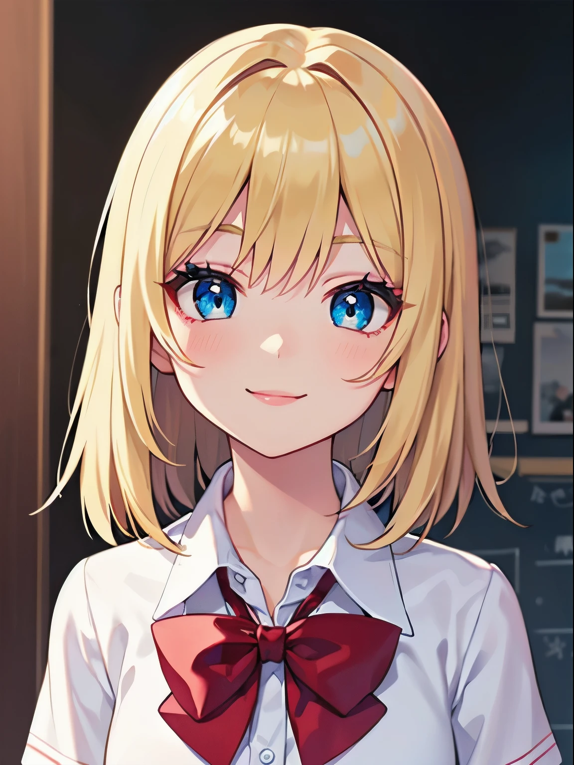 1 girl, cute, high school student, White collared shirt, school uniform, ribbon, Red bow tie, ((Blonde)), Medium half-up hairstyle, Blue Eyes, Big eyes, glowing eyes, (smile:1.2), (Full make-up:1.2), eye shadow, eyeliner, lipstick, Photographed from the front, Close up on face, (Arms at your sides), ((Highest quality)), ((masterpiece)), (detailed), Perfect Face, Perfect Arms, Perfect hands, Perfect Fingers, anime, Ultra-fine illustration,