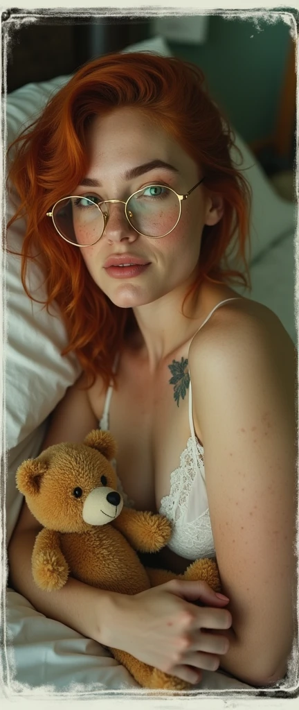 analog phot, 38 y.o. (red hair:1.2) woman, muscular, pale skin, golden glasses, tattoo, teddybear, polaroid style, photo realistic, masterpiece, realism, dorm room, lace lingerie, realistic skin pores, moles, freckles, acne