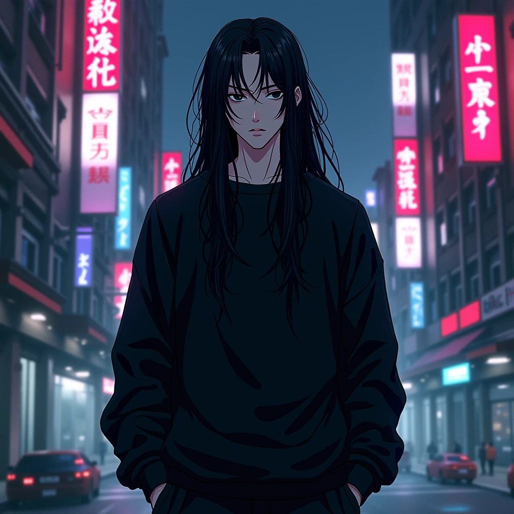 An anime character: A white man with black eyes. your hair is long and black. He wears a black sweatshirt and black pants.. Ao fundo, a cyberpunk setting full of neons.