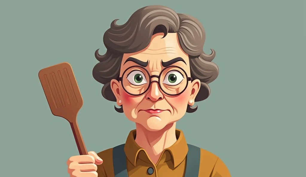Old woman,brown hair,aunt look,front view,holding spatula,strict face,round glasses,flat color