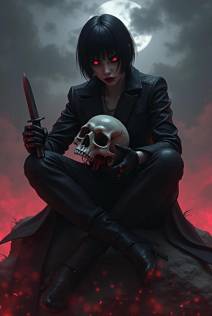 (photorealism:1.2) Artery de call of duty, with red eyes, short black hair, holding a skull in one hand and a sharp knife in the other, posing sitting on a rock at night, with a menacing look and a serious face, with grey clouds in the background and a reddish sky
