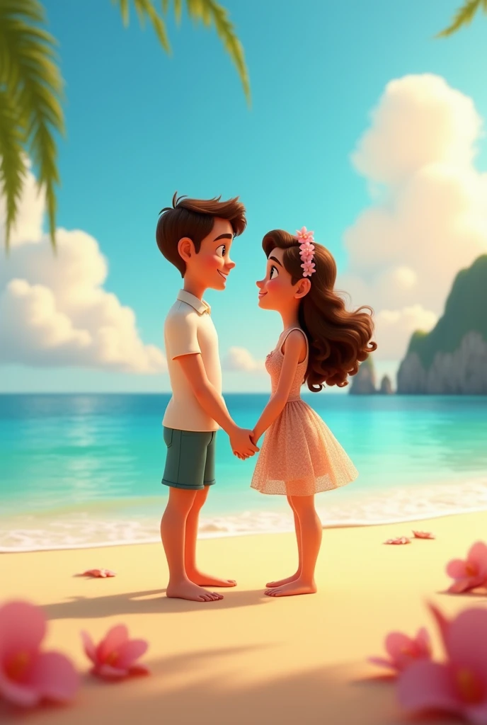 Set up a couple on the beach, They looked at each other., Disney 3D animation