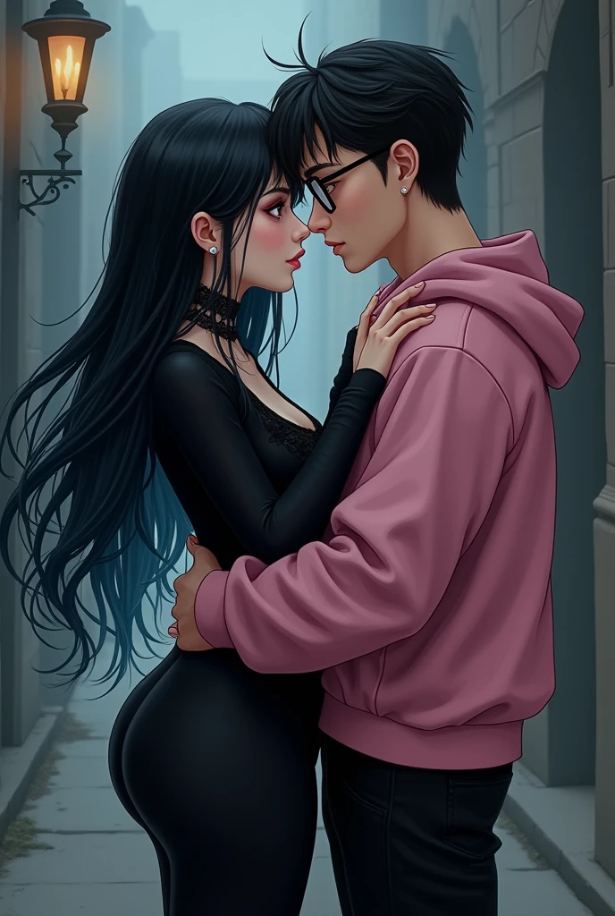 Couple of boyfriends she gothic with curvy body big cheeks big butt black hair with blue big brown eyes light skin, dressed in black, He has straight hair combed up and small rectangular glasses and a wide nose and a pink sweatshirt and black pants