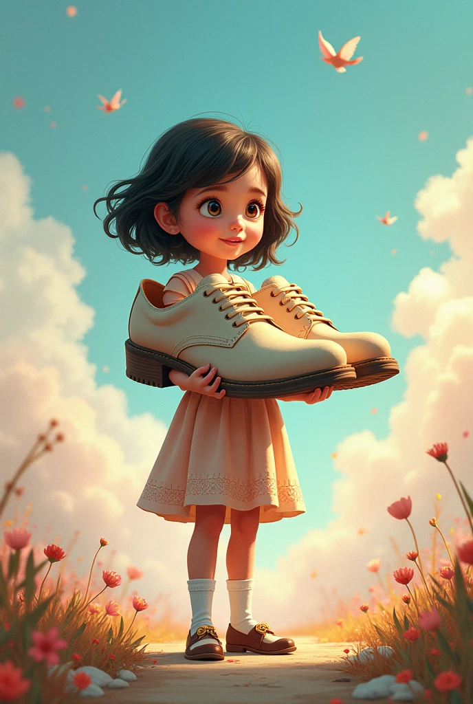 Generate a book cover page for my story featuring a girl holding a Big Shoes (put a space to put the Title)