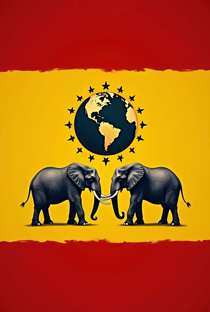 create flag 3 stripes red at top and bottom yellow in middle, two elephant in middle symbolize strong, globe created by starts in center, have only 3 stripe section