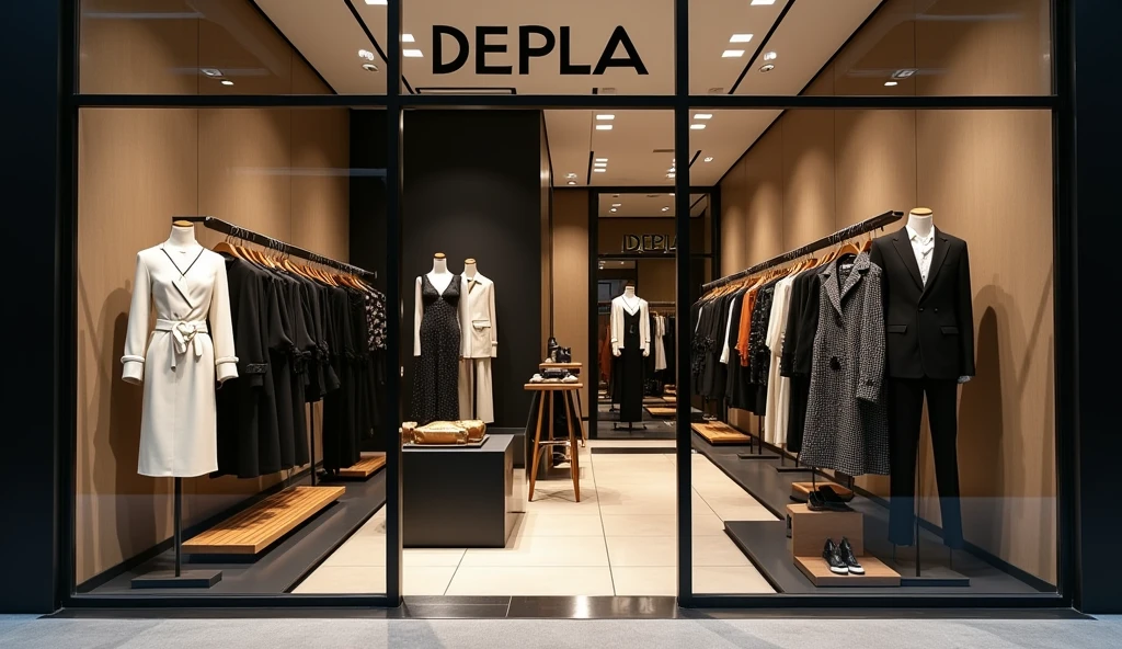 Create a poster image for a high-end fashion shop named 'DEPLA'. The image should be designed as a Facebook cover photo, featuring the word 'DEPLA' prominently in a stylish and sophisticated font. The design should be youthful and dynamic, reflecting a trendy fashion style. Use simple yet luxurious colors such as black, white, or gold to maintain a chic appearance. Incorporate elements that evoke a sense of high-end fashion, like elegant clothing or accessories, while keeping the overall look modern and fresh.