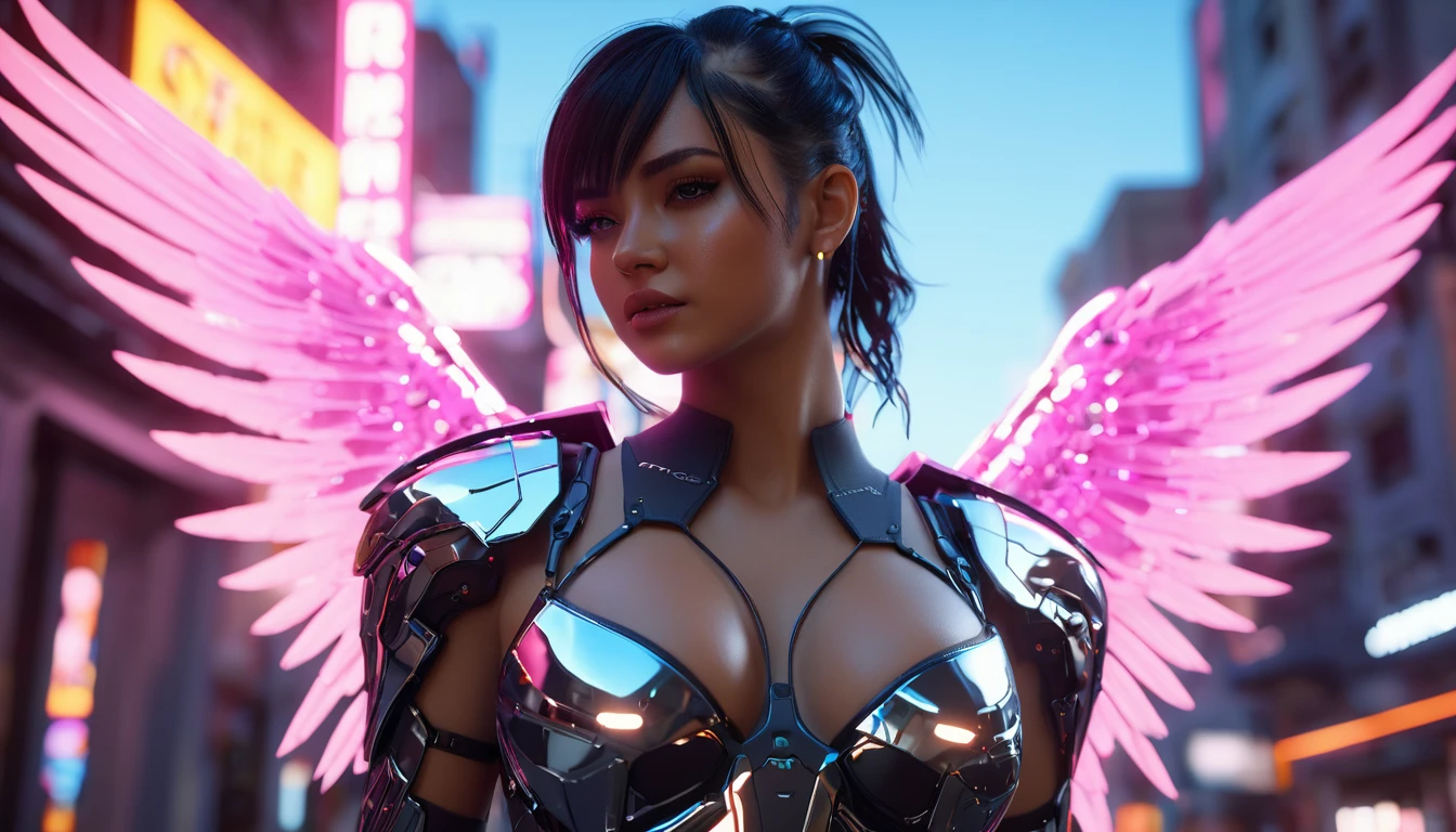 A  with wings, like an angel, a point of bright light in the sky, fantastic,cyberpunk girl seductive pose leds light and shadow, ultra-realistic, 16K. 3D style, , Octane render, ray tracing, depth of field, super detail, cyberpunk girl seductive pose leds light and shadow, ultra-realistic, 16K. 3D style, , Octane render, ray tracing, depth of field, super detail