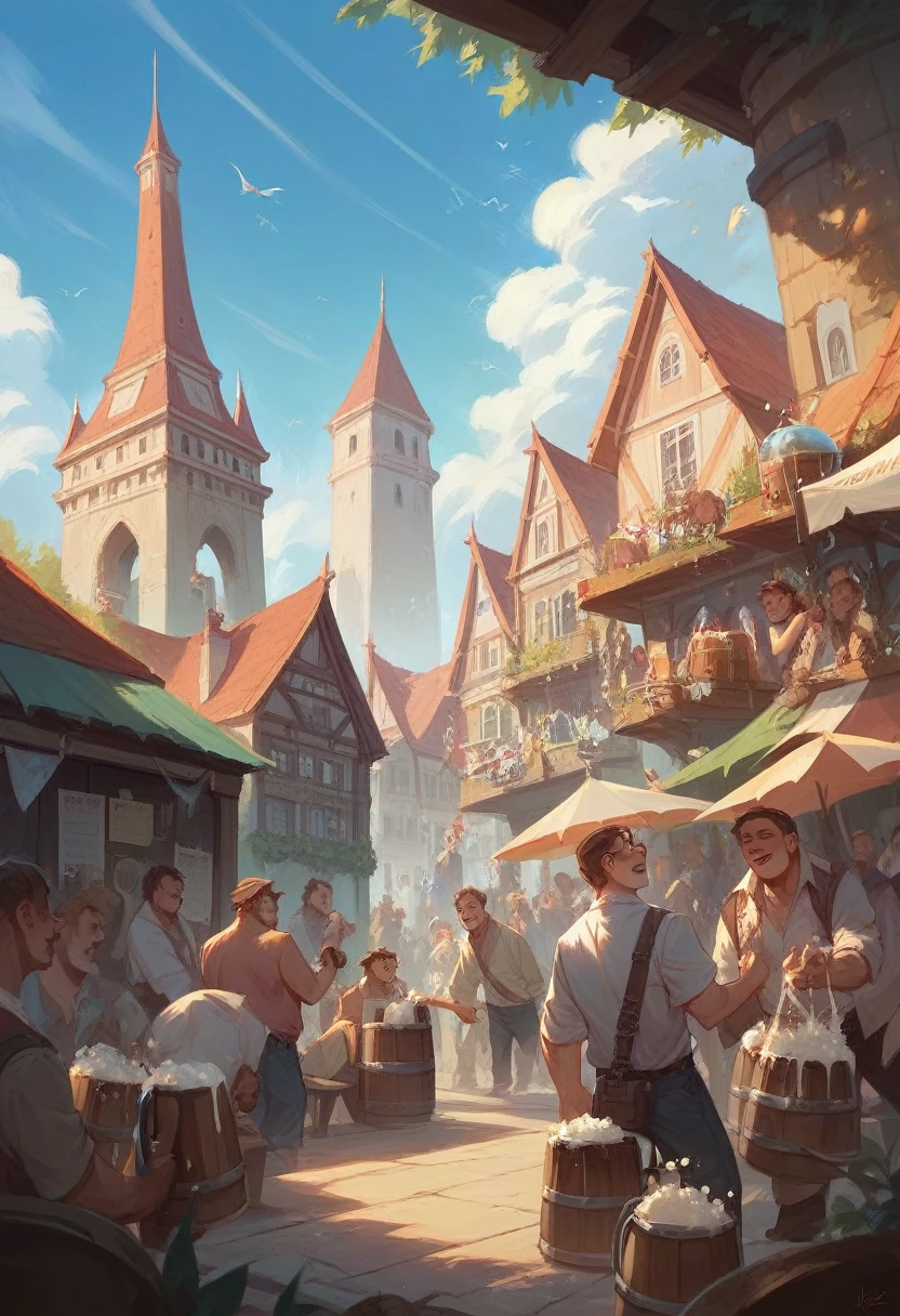 Realistic image, a large transparent beer keg, the size of a water tank, is placed on a tower. Many people are holding beer glasses and looking up. Party atmosphere.