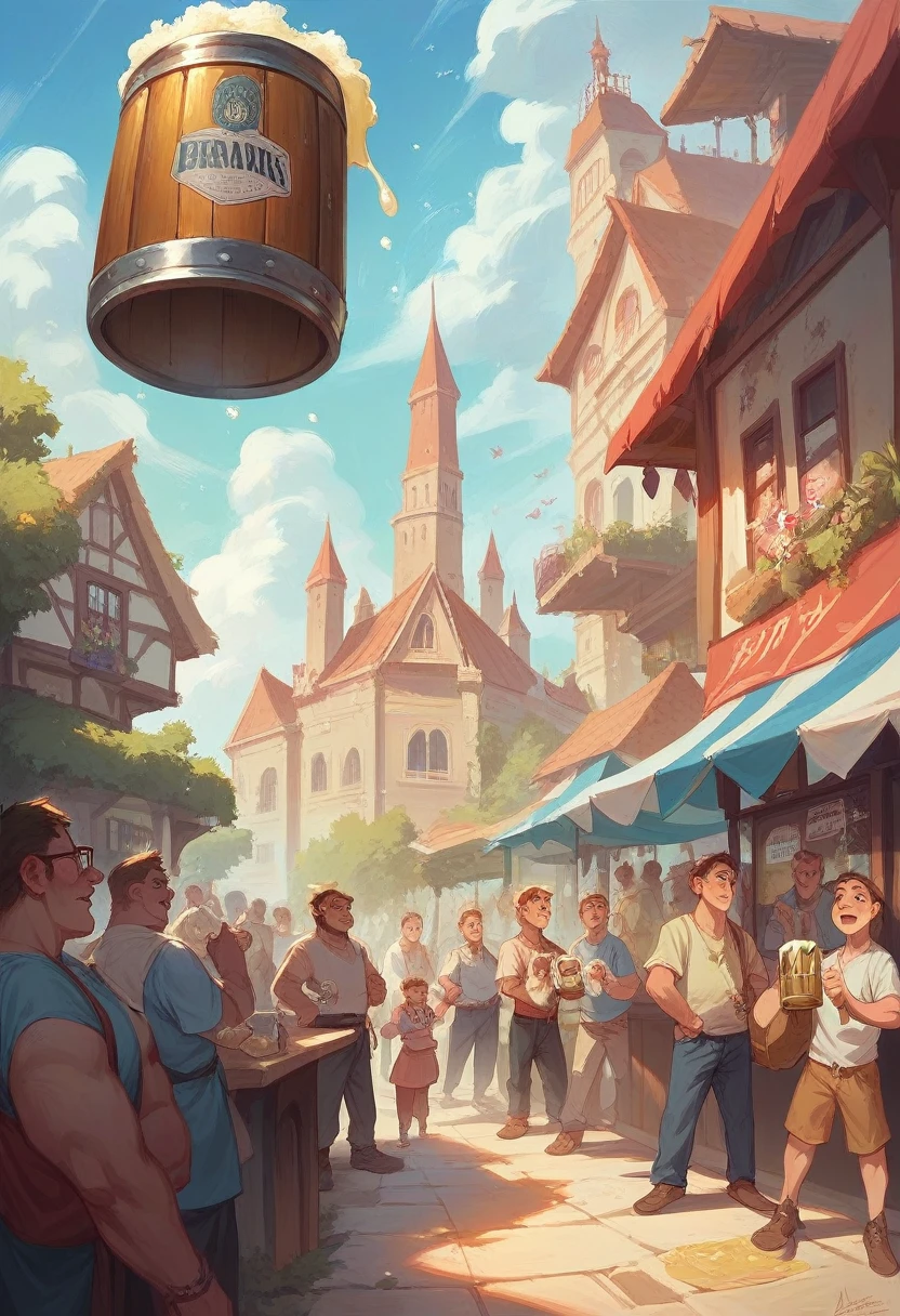 Realistic image, a large transparent beer keg, the size of a water tank, is placed on a tower. Many people are holding beer glasses and looking up. Party atmosphere.
