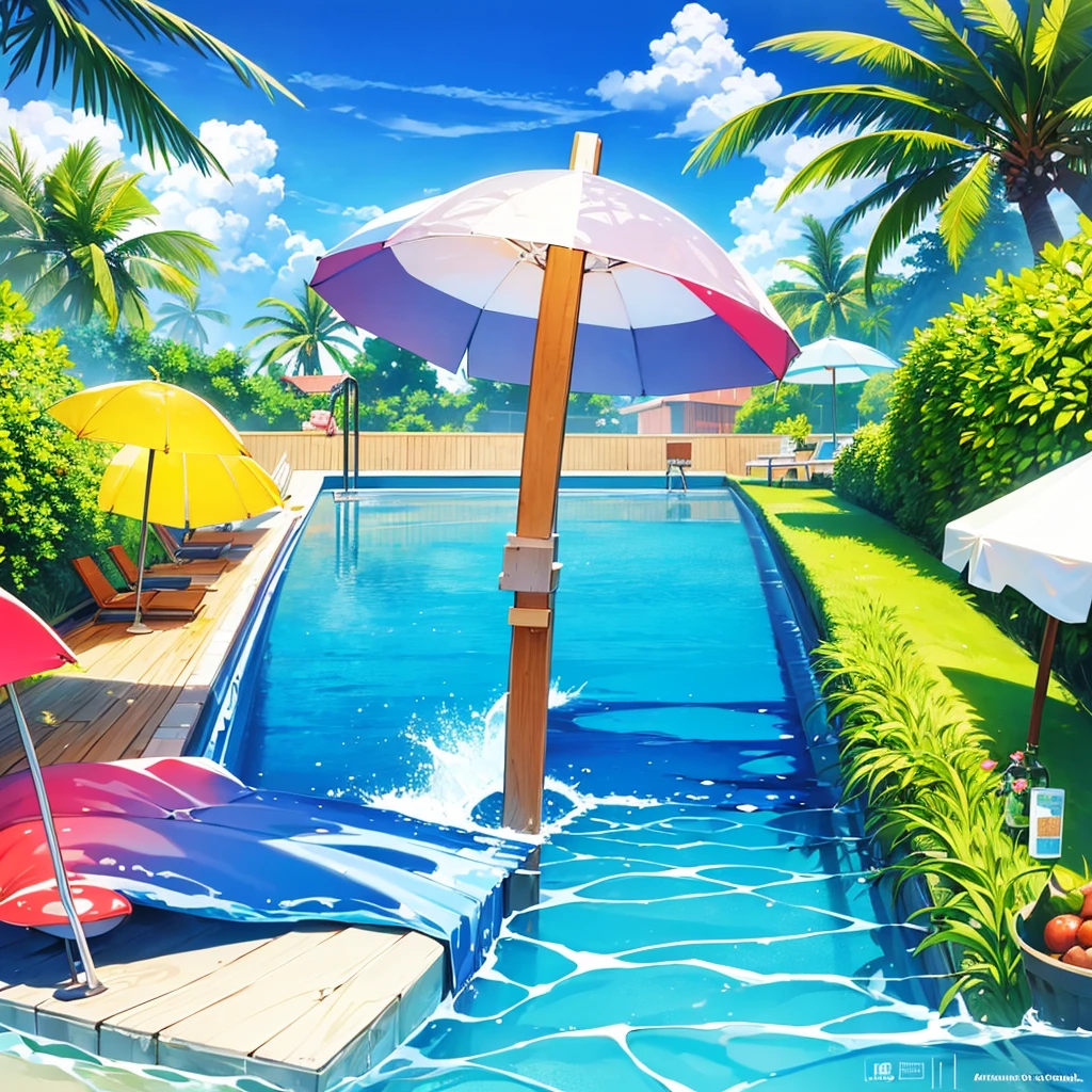 summer,Cool,poster,fruit,swimming pool,Cool,refrigerator,Old wives' summer,Swimming ring,Sun umbrella,Bird's-eye view,Pleasantly surprised,Sunny Beach,No characters。Illustration style,