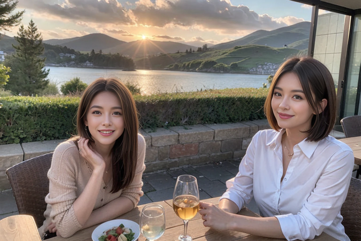 ((Highest quality、8k、masterpiece:1.3))、1 male、1 female、spouse、Beautiful couple、smile、 (Slim face), (The body is スリム), (Brown Hair), (Shortcuts), ((Bob Hale、Straight hair:1.2)), Whiskey bottle and glass on table、Single Malt、scotch、Shot Glass、on the rocks、Scotland、shine light on the face、 Amazing view of the sunset sky and clouds、Amazing mountain views、smileの美しさ、Bright image、blush, Shortcuts,Bright Face、 (4), 3, Appetizers、Italian food、Long sleeve shirt、dress、Attractive beauty、restaurant, Nova Frog Style, actress, model, Upper Body,
