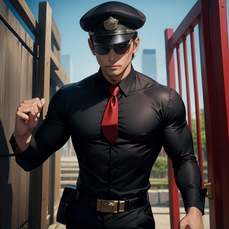 3,One Man,、Handsome。Black Shirt、Red tie、、Dhaka - Fighters、Lookout。In front of the gate、logic,,Very short hair、　,Asian Face,、　Wear a black cap　Black sunglasses、vs　Japan Tokusatsu Hero、Fight against the Zubat