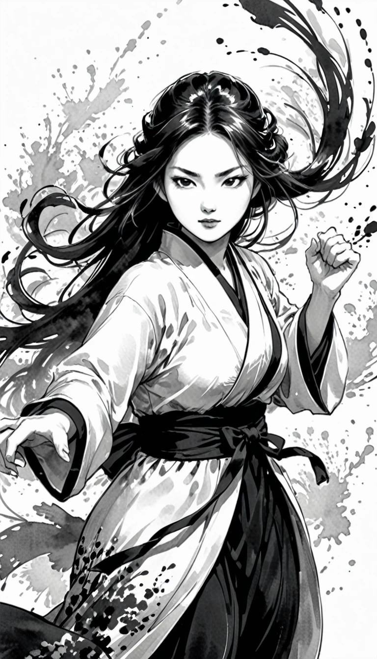 zydink, monochrome, ink sketch, asian (middle age woman), fighting stance, looking at viewer, long hair, floating hair, hanfu, chinese clothes, long sleeves, (abstract ink splash:1.2), white background