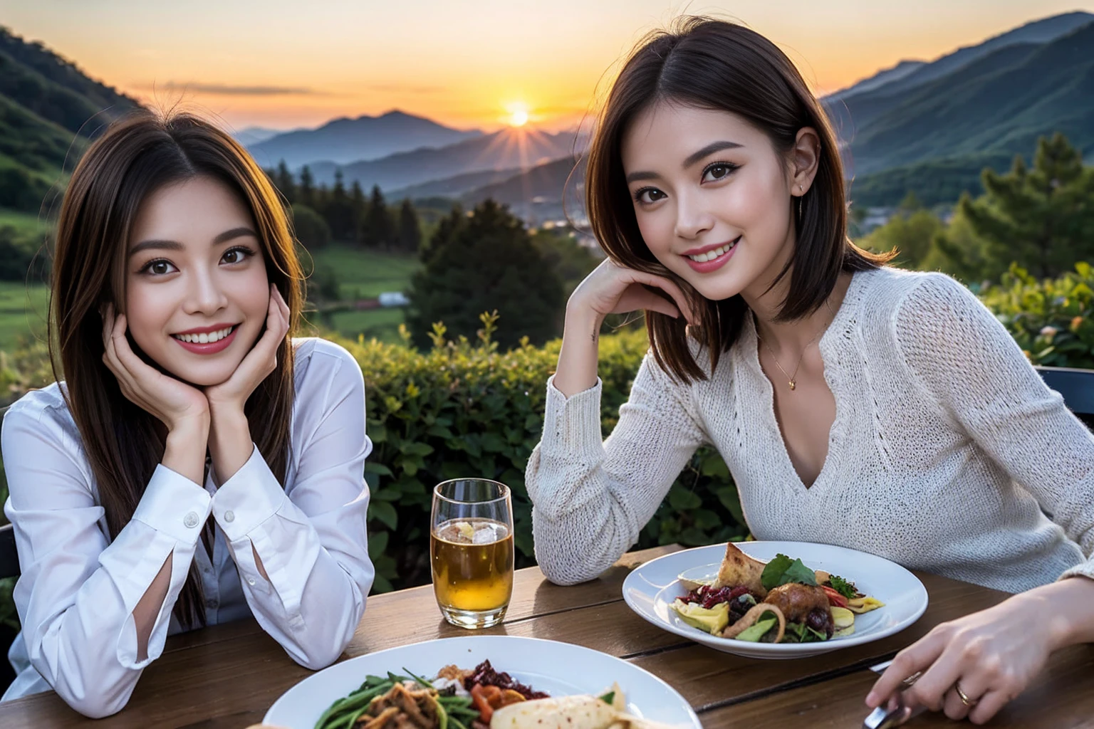 ((Highest quality、8k、masterpiece:1.3))、1 male、1 female、spouse、Beautiful couple、smile、 (Slim face), (The body is スリム), (Brown Hair), (Shortcuts), ((Bob Hale、Straight hair:1.2)), Whiskey bottle and glass on table、Single Malt、scotch、Shot Glass、Scotland、shine light on the face、 Amazing view of the sunset sky and clouds、Amazing mountain views、smileの美しさ、Bright image、blush, Shortcuts,Bright Face、 (4), 3, Appetizers、Italian food、Long sleeve shirt、dress、Attractive beauty、restaurant, Nova Frog Style, actress, model, Upper Body,