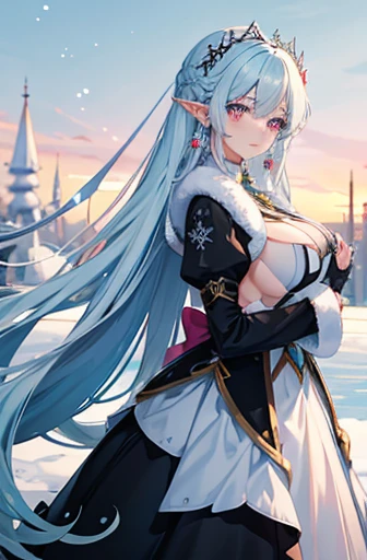 Anime, woman, long hair, pale blue hair, pink eyes, gently, earrings, big boob, wearing a black dress, beautiful, elegant, pure, fantasy, ice, snowflake, snow land, cool, noble, fur coat, elf, smile,