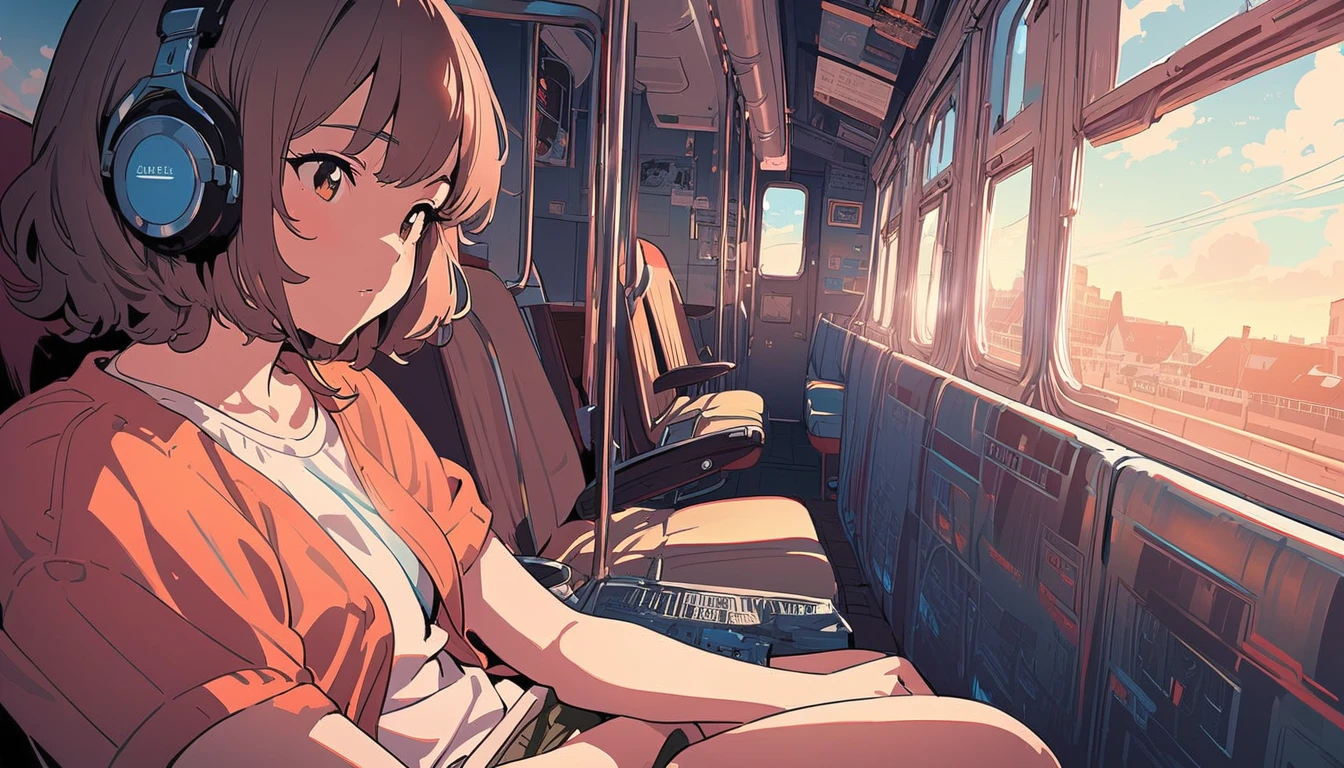 (extremely detailed CG unity 8k wallpaper), (best quality), (best illustration), (best shadow), realistic lighting, beautiful detailed reglow, masterpiece, best quality, lofi artstyle, lofi art, 80s anime style, Retro, Lo-Fi, 1girl, solo, short hair, brown hair, sitting, window, headphones, ground vehicle, train interior, anime