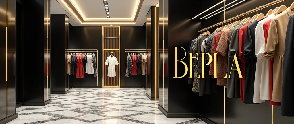 Create a poster image for a high-end fashion shop named 'DEPLA'. The image should be designed as a Facebook cover photo, featuring the word 'DEPLA' prominently in a stylish and sophisticated font. The design should be youthful and dynamic, reflecting a trendy fashion style. Use simple yet luxurious colors such as black, white, or gold to maintain a chic appearance. Incorporate elements that evoke a sense of high-end fashion, like elegant clothing or accessories, while keeping the overall look modern and fresh.