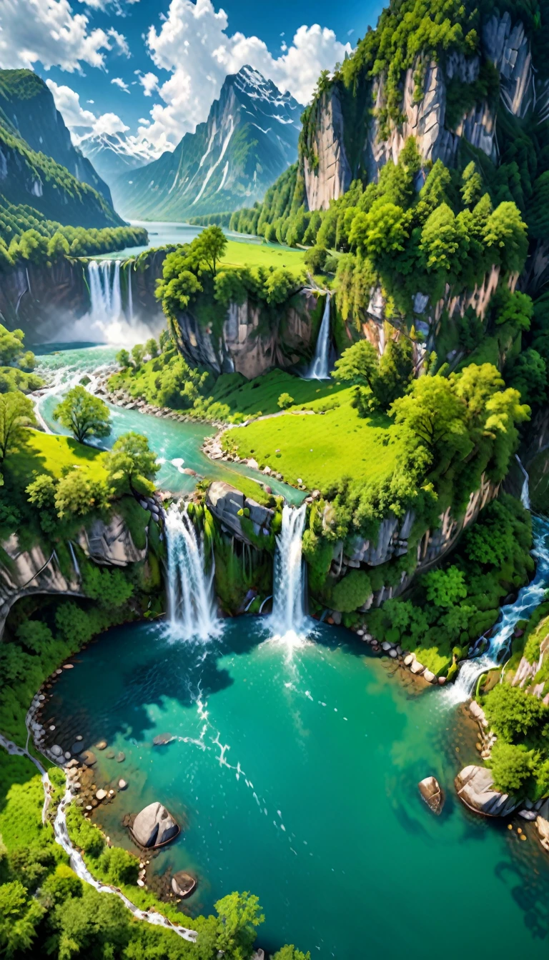 Masterpiece, ultimate quality, Cg unity 8k wallpaper, super delicate, beautiful sky and clouds, rich natural scenery, cliffs, lakes and rivers, waterfalls and flying water, beautiful green mountains, no trace of people, excellent scenery, has already won a photo contest, background Blurring, full depth of field, HDR high dynamics, true restoration, intricate, extreme details, dramatic presentation, perfectly presenting the style of midjourney art.