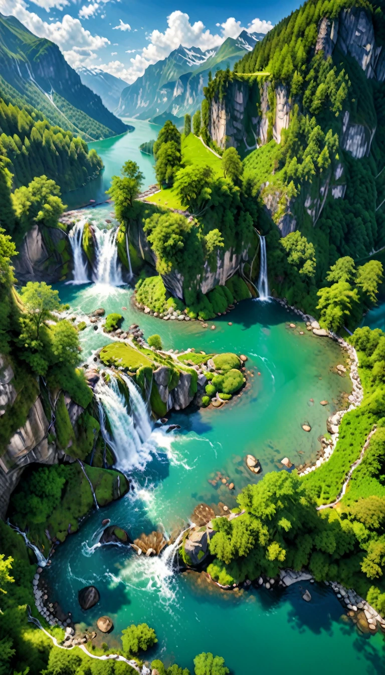 Masterpiece, ultimate quality, Cg unity 8k wallpaper, super delicate, beautiful sky and clouds, rich natural scenery, cliffs, lakes and rivers, waterfalls and flying water, beautiful green mountains, no trace of people, excellent scenery, has already won a photo contest, background Blurring, full depth of field, HDR high dynamics, true restoration, intricate, extreme details, dramatic presentation, perfectly presenting the style of midjourney art.