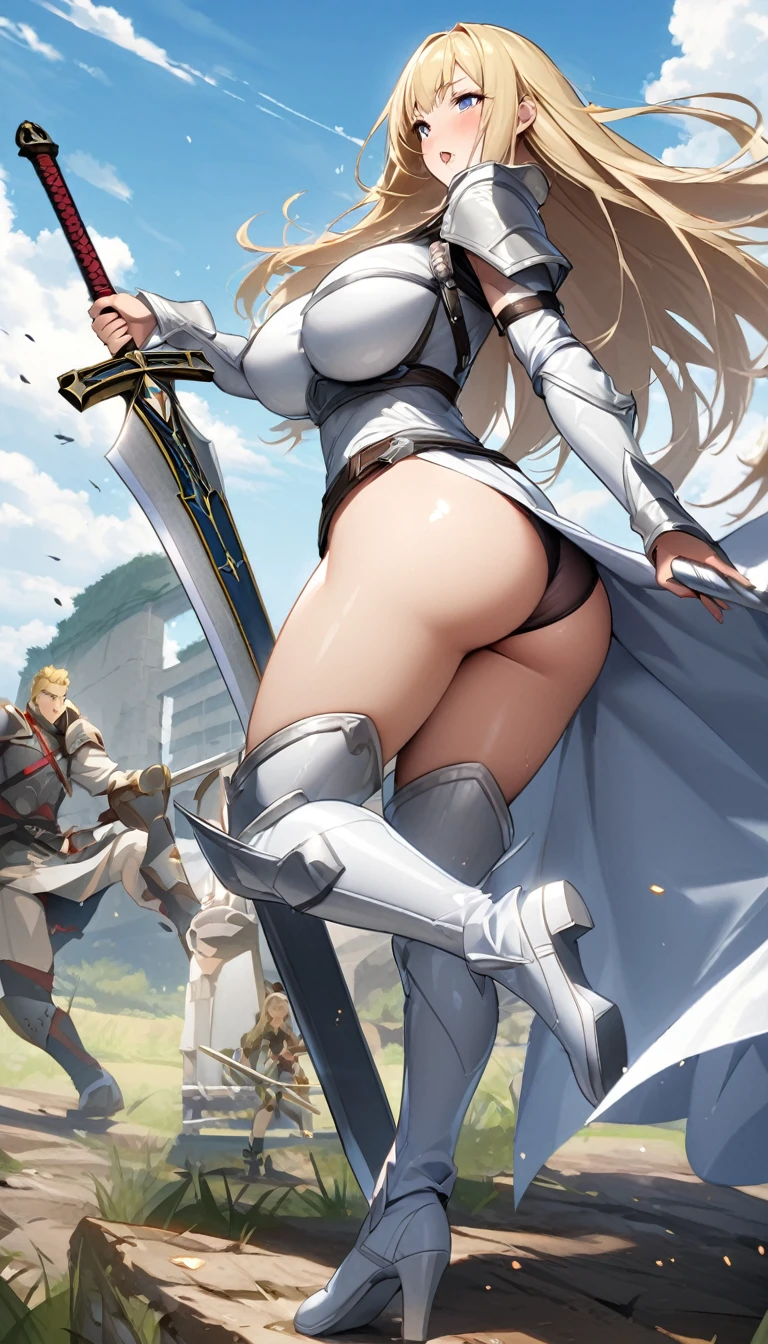 Ultra-high definition image quality、beautiful girl、Female Swordsman、Light Armor、Griepputz、Long Hair、blonde、20-year-old、Be confident々face、Very short tight skirt、Sexy posture、Cowgirl、wilderness、Highest quality,Big Ass、Big Breasts、Thighs、Grasping the hilt of the holy sword Excalibur、pure white, Exquisitely decorated panties、Take a big stride and kick your feet out to jump、Joan of Arc style clothing、Wind King Barrier、Her hair is blowing in the wind、The Sword of Promised Victory、god々I&#39;m wearing a new aura、Big Ass、Valkyrie the War Maiden、Crotch close-up、Angle from directly below