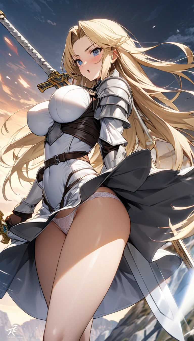 Ultra-high definition image quality、beautiful girl、Female Swordsman、Light Armor、Griepputz、Long Hair、blonde、20-year-old、Be confident々face、Very short tight skirt、Sexy posture、Cowgirl、wilderness、Highest quality,Big Ass、Big Breasts、Thighs、Grasping the hilt of the holy sword Excalibur、pure white, Exquisitely decorated panties、Take a big stride and kick your feet out to jump、Joan of Arc style clothing、Wind King Barrier、Her hair is blowing in the wind、The Sword of Promised Victory、god々I&#39;m wearing a new aura、Big Ass、Valkyrie the War Maiden、Crotch close-up、Angle from directly below