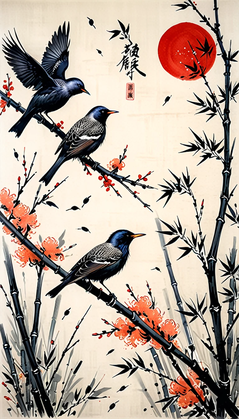 shukezouma, shuimobysim, ((starling)), willow branches, (masterpiece, best quality: 1.2), ((Traditional Chinese ink painting)), model style, bamboo branches, bamboo, wuchangshuo, red, orange, black, fire, starling, bird