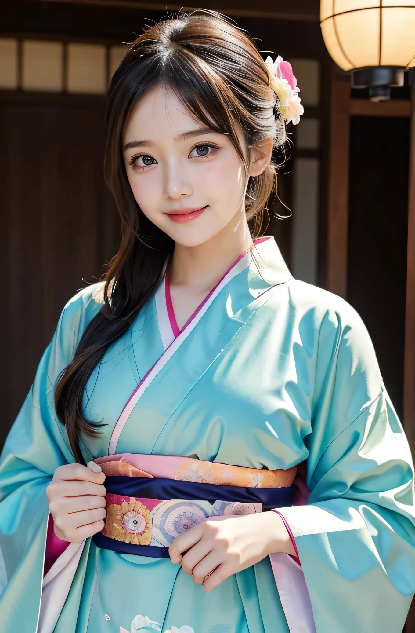 very cute girl, super cute face,clear attractive eyes, detailed Beautiful eyes,smiling, realistic photograph,gorgeous flamboyantly colored long sleeves kimono,
furisode ,very beautiful kimono,
Costume lighting