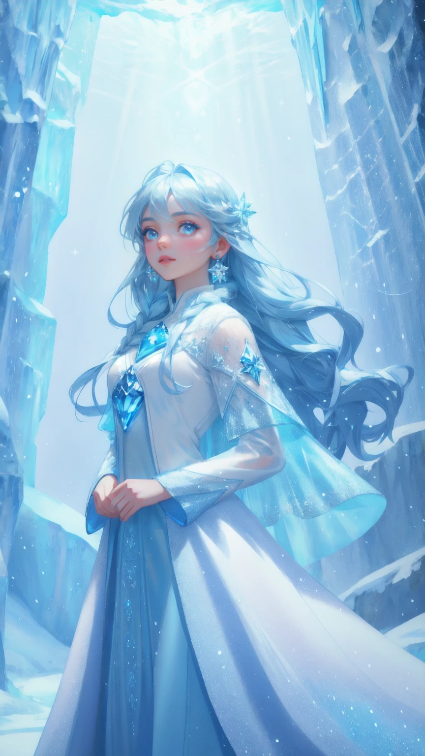 A beautiful, cute girl in a magical ice warrior outfit, surrounded by swirling frost and sparkling snowflakes, stands in a vast, icy blue cavern. She radiates a soft blue light, matching the cold, glowing crystals embedded in the cavern walls. The scene is filled with a mystical, wintry atmosphere, with the background in various shades of blue, capturing the essence of a frozen fantasy world