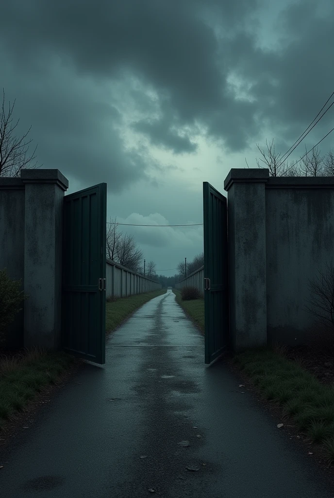 Wall compound with opened gate and there is commuting tar road outside, sky is dark clouded