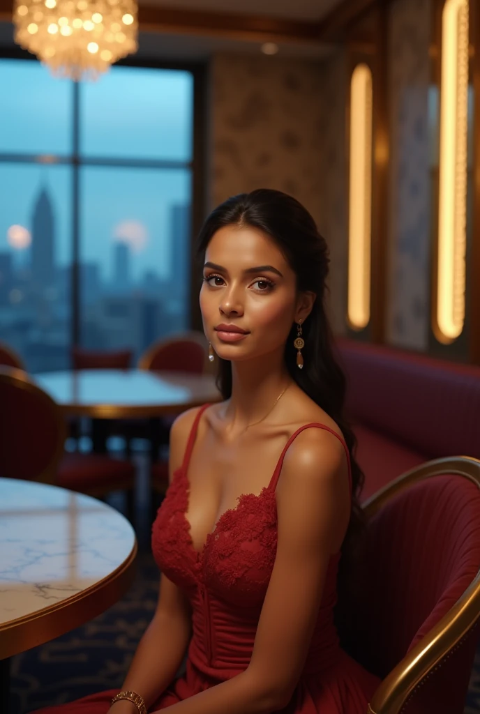 best quality,4k,8k,highres,masterpiece:1.2),ultra-detailed,(realistic,photorealistic,photo-realistic:1.37),srilankan 25 year old girl, with attractive facial features,beautiful detailed eyes,beautiful detailed lips,extremely detailed eyes and face,longeyelashes, fair skin tone. curvy huge breasts. is seated gracefully on a plush chair beside a round, polished table at a prestigious luxury hotel in Colombo. The woman is wearing a sophisticated evening dress. The background features grand chandeliers, and large windows offering a glimpse of Colombo's cityscape and blue sky at dusk
