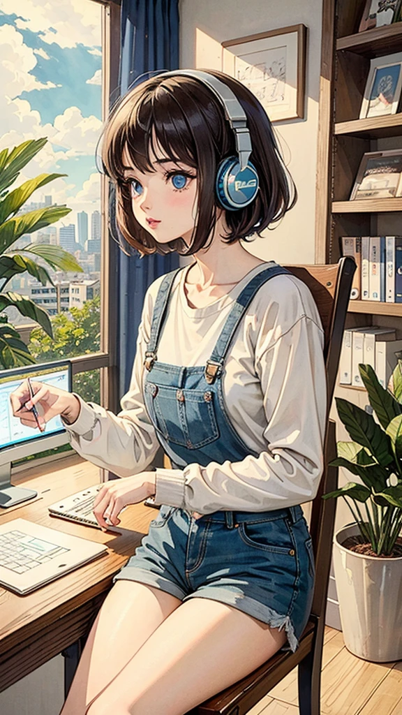 1 girl, 90s anime style, I have headphones on, Drinking coffee in a stylish cafe, The background has a retro feel, There is an old-fashioned TV, Lo-Fi alone, lofi artstyle, lofi art, city, town, 80s anime style, Retro, Lo-Fi, masterpiece, best quality, (extremely detailed CG unity 8k wallpaper), (best quality), (best illustration), (best shadow), absurdres, realistic lighting, (Abyss), beautiful detailed reglow, 1girl, blinds, blue eyes, book, bookshelf, brown hair, chair, cloud, computer, cup, day, denim, desk, headphones, indoors, laptop, long sleeves, mug, phone, plant, potted plant, shirt, short hair, shorts, sitting, sky, solo, white shirt, window