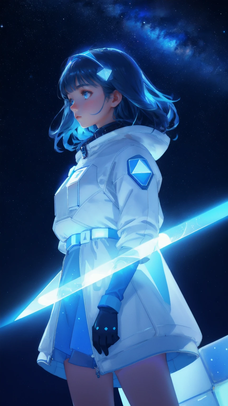 A beautiful, cute girl in a space explorer suit stands confidently on a frosty blue planet, with a trail of glowing cubes leading her towards a distant, blue-lit horizon. The sky above her is filled with geometric constellations and cosmic patterns, all set against a deep, starry blue background, creating an ethereal and futuristic scene