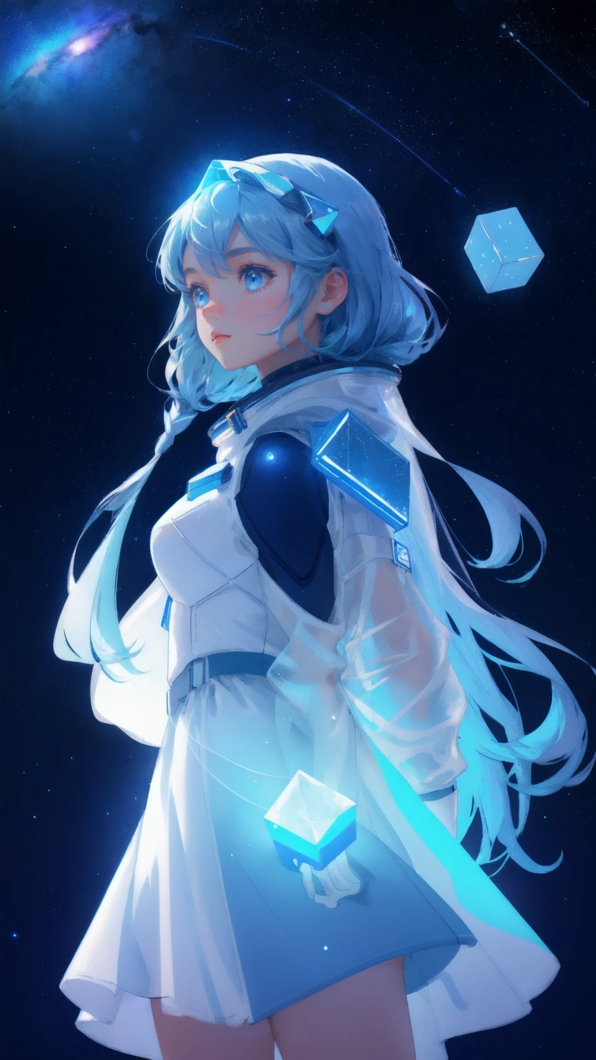 A beautiful, cute girl in a space explorer suit stands confidently on a frosty blue planet, with a trail of glowing cubes leading her towards a distant, blue-lit horizon. The sky above her is filled with geometric constellations and cosmic patterns, all set against a deep, starry blue background, creating an ethereal and futuristic scene