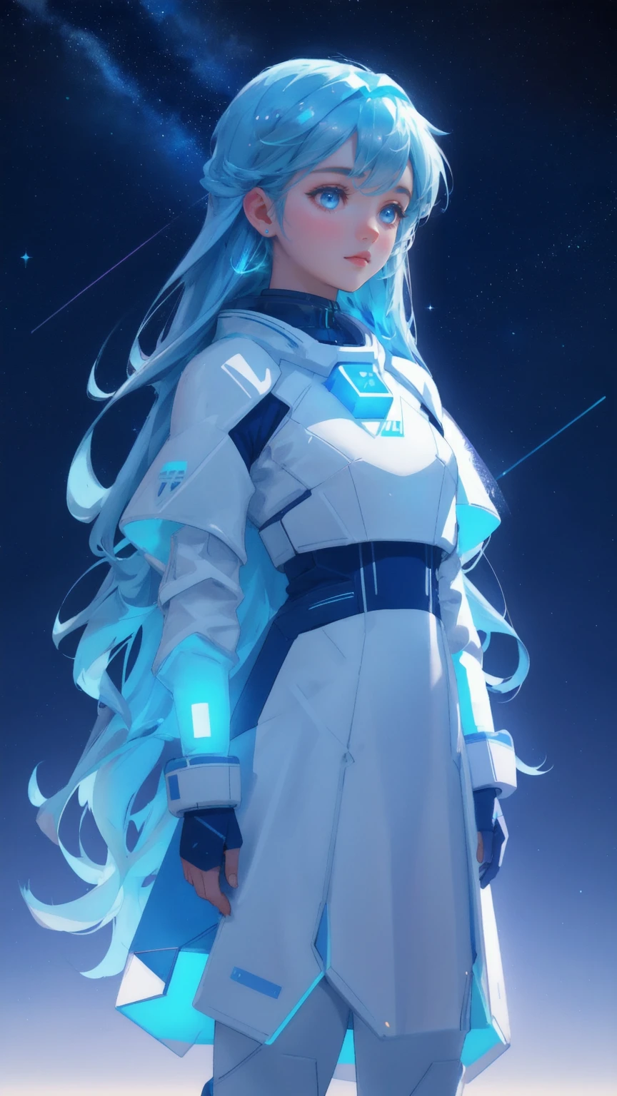 A beautiful, cute girl in a space explorer suit stands confidently on a frosty blue planet, with a trail of glowing cubes leading her towards a distant, blue-lit horizon. The sky above her is filled with geometric constellations and cosmic patterns, all set against a deep, starry blue background, creating an ethereal and futuristic scene