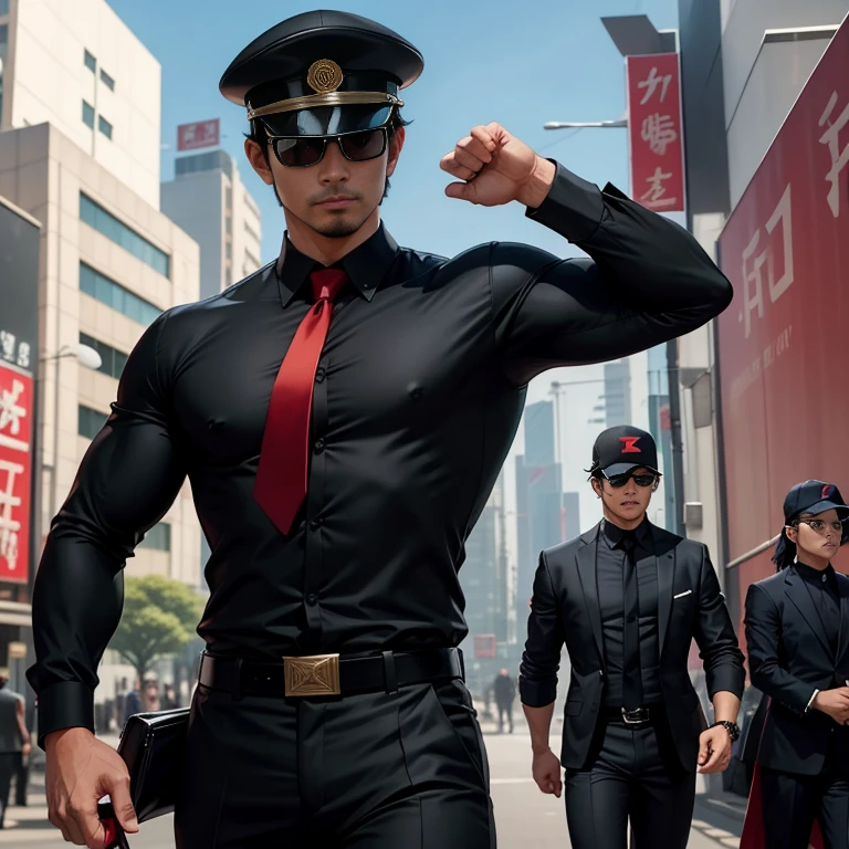 3,One Man,、Handsome。Black Shirt、Red tie、、Dhaka - Fighters、Lookout。In front of the gate、logic,,Very short hair、　,Asian Face,、　Wear a black cap　Black sunglasses、vs　Japan Tokusatsu Hero、Fight against the Zubat