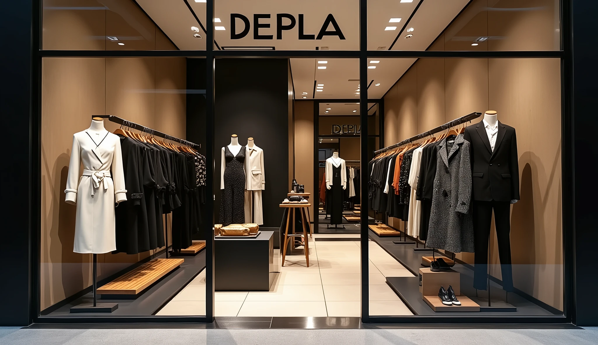 Create a poster image for a high-end fashion shop named 'DEPLA'. The image should be designed as a Facebook cover photo, featuring the word 'DEPLA' prominently in a stylish and sophisticated font. The design should be youthful and dynamic, reflecting a trendy fashion style. Use simple yet luxurious colors such as black, white, or gold to maintain a chic appearance. Incorporate elements that evoke a sense of high-end fashion, like elegant clothing or accessories, while keeping the overall look modern and fresh.