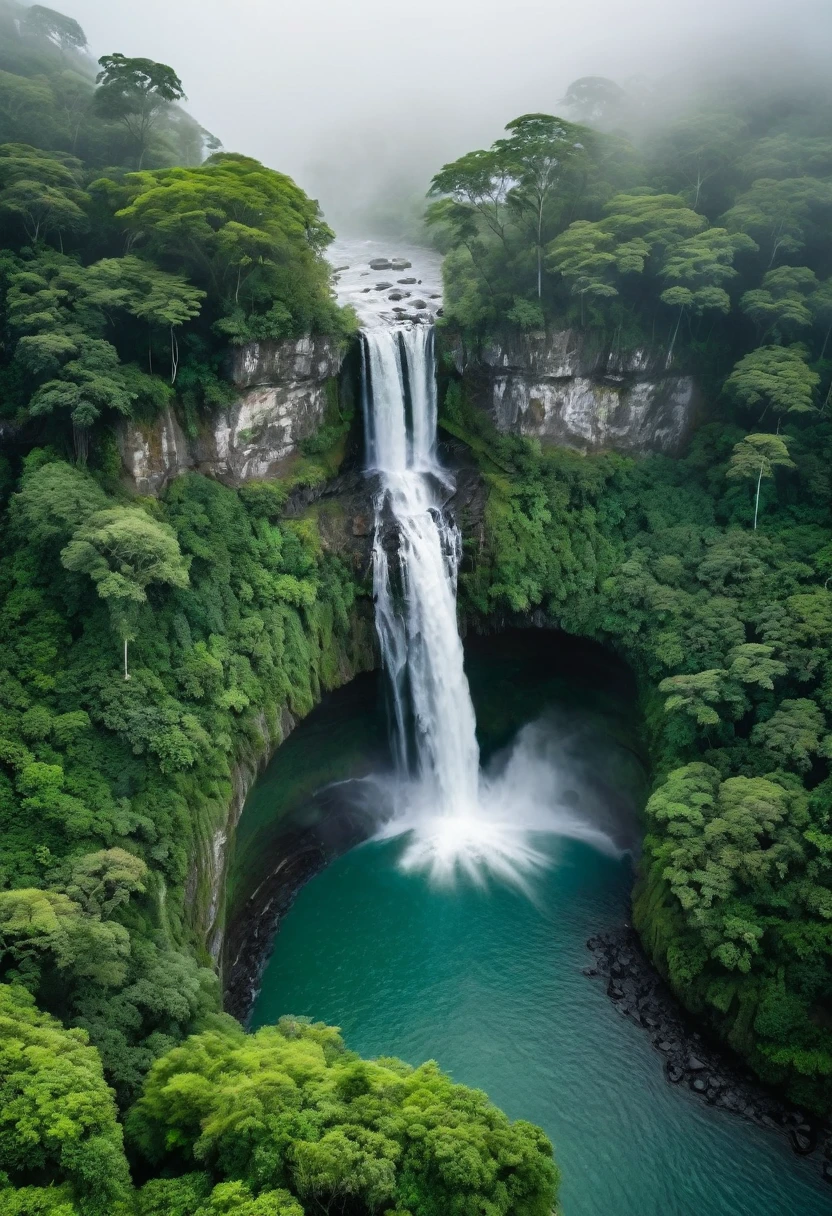 The image is an aerial view of a waterfall cascading down a rocky cliff. The waterfall is surrounded by lush greenery on both sides, with trees and bushes covering the entire landscape. The water is white and frothy, and it appears to be flowing over the rocks. The cliff is covered in greenery, and there is a layer of fog or mist covering the top of the waterfall. The sky is overcast, and the overall mood of the image is peaceful and serene.4k realistic