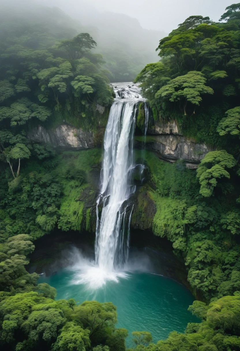 The image is an aerial view of a waterfall cascading down a rocky cliff. The waterfall is surrounded by lush greenery on both sides, with trees and bushes covering the entire landscape. The water is white and frothy, and it appears to be flowing over the rocks. The cliff is covered in greenery, and there is a layer of fog or mist covering the top of the waterfall. The sky is overcast, and the overall mood of the image is peaceful and serene.4k realistic