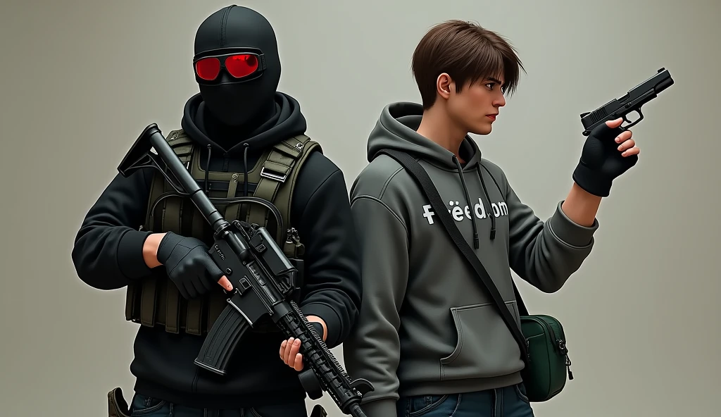 F.E.A.R. operative wearing black tactical balaclava and red googles holding assault rifle and standing with a guy holding a pistol with black shaggy hair, and brown eyes. His attire typically consists of a grey hoodie that features the word “freedom” written on the back, along with black fingerless gloves, black jeans, and black shoes. He also carries a navy green satchel bag.