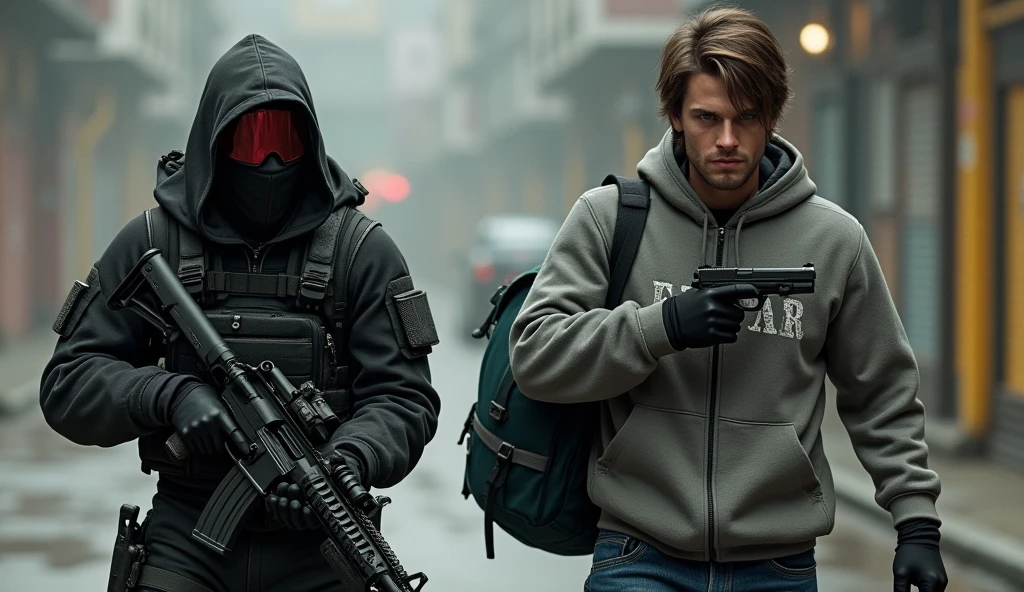 F.E.A.R. operative wearing black tactical balaclava and red googles holding assault rifle and standing with a guy holding a pistol with black shaggy hair, and brown eyes. His attire typically consists of a grey hoodie that features the word “freedom” written on the back, along with black fingerless gloves, black jeans, and black shoes. He also carries a navy green satchel bag.