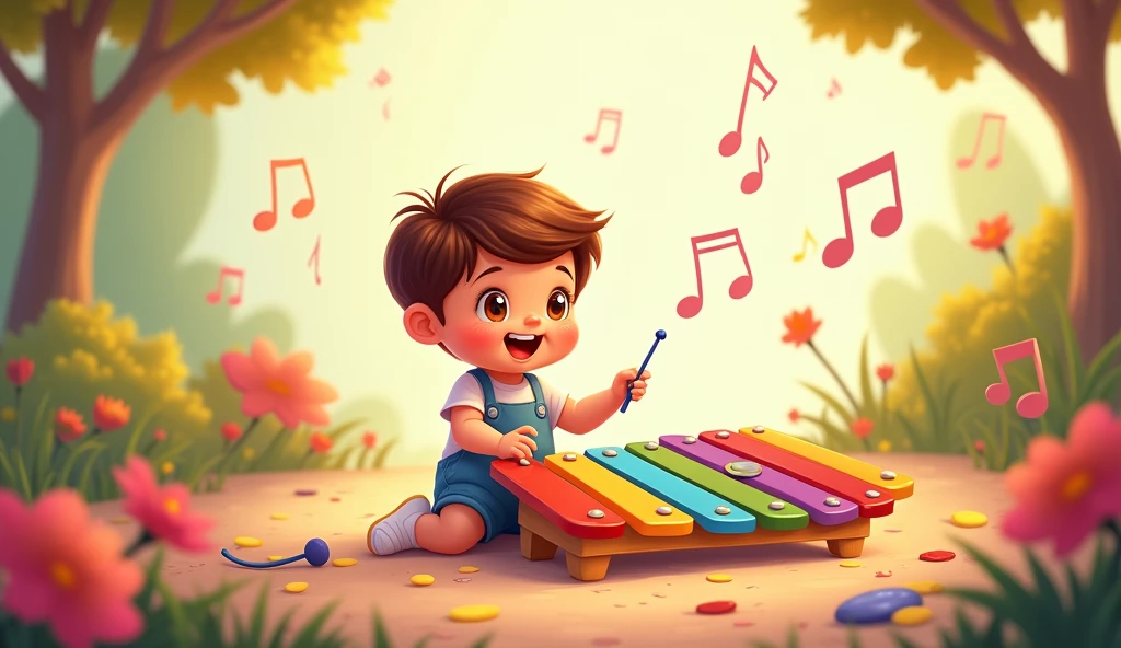 X is for Xylophone, with a melody:
"A colorful xylophone being played by a cartoon child, with musical notes floating in the air, creating a cheerful melody."