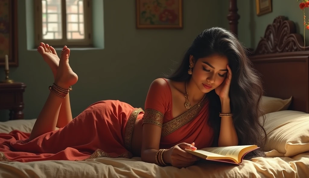 Indian Girl age 28 weight 65 sleeping on a bed wearing a saree looking her some clueless having a little big boobs & reading a book in a old Indian house sleeping stomach down on bed with her legs up sacking wearing a payal