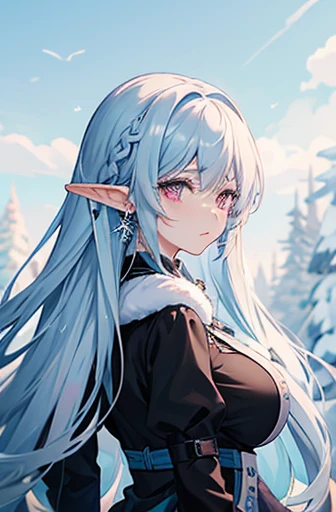 Anime, woman, long hair, pale blue hair, pink eyes, gently, earrings, big boob, wearing a black dress, beautiful, elegant, pure, fantasy, ice, snowflake, snow land, cool, noble, fur coat, elf, crying,