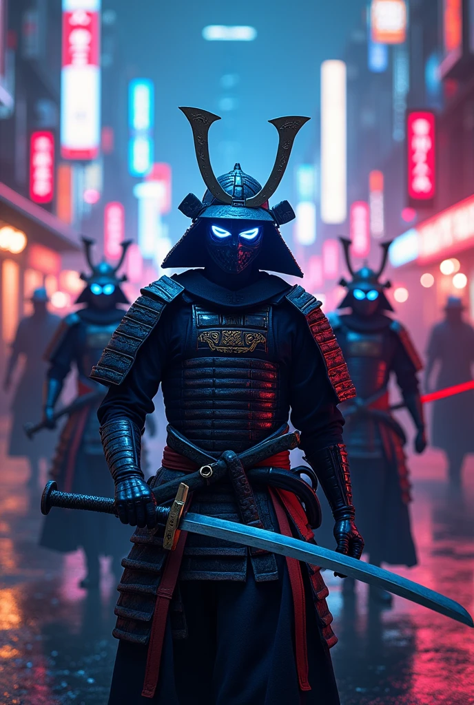 ((Highest quality)), ((masterpiece)), (detailed), Several Samurai、Cute mask、Fantasy、shines light blue、Glowing red、Tokyo