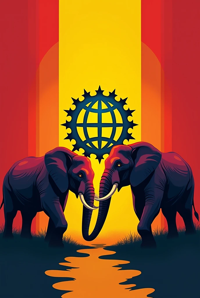 create flag 3 stripes red at top and bottom yellow in middle, two elephant in middle symbolize strong, globe created by starts in center, have only 3 stripe section , elephant and globe are in abstract art