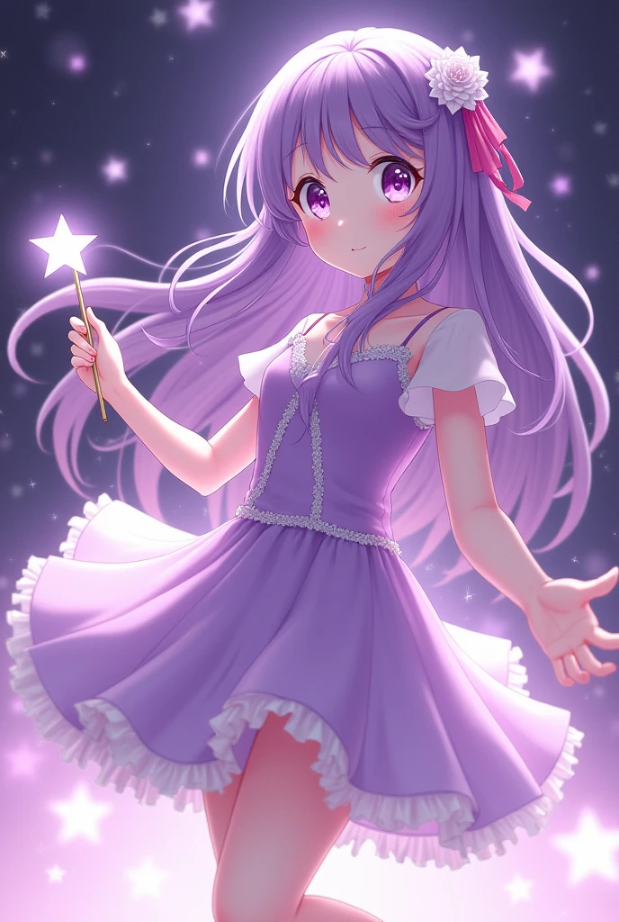 (1 girl: 0.6) Ai Hoshino, girl with long hair holding a magic wand and purple dress, purple albedo, anime moe art style, (movie quality: 0.3), anime girl, singer, purple eyes, magical girl, zero sauce art, magical girl anime real hou shoujo, white shirt, purple long hair, (bare legs), (stars), (delicate facial features: 0.6), head decoration, (delicate hands: 0.9), white dress, (big eyes: 0.5), singing, WeChat, felled