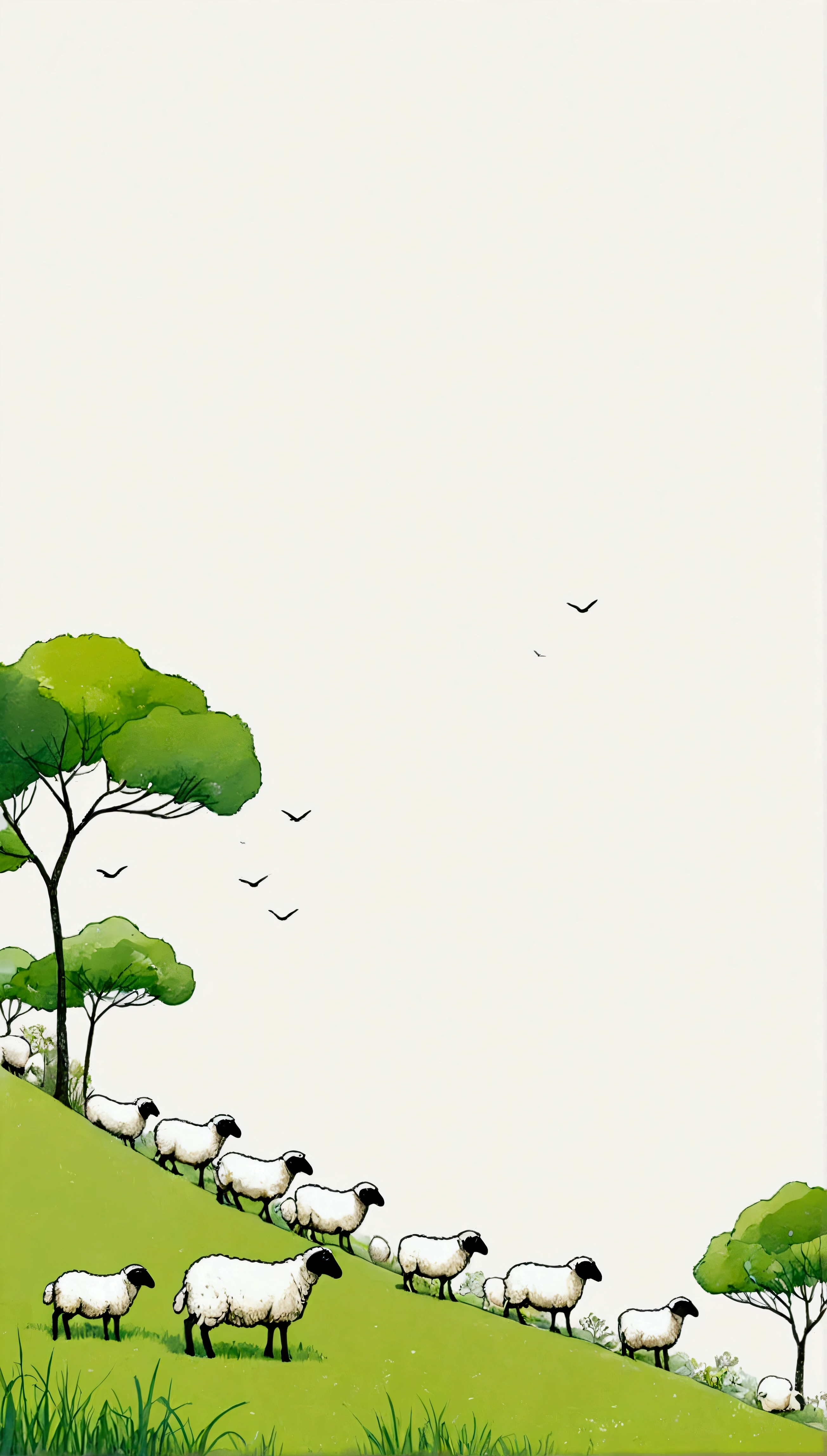 Sky accounts for 3%/4,75%Blank.中国水墨画sketch:Light Ink,Lowercase,sketch,artistic conception:2.point,sheep on grass,Minimalism,White background。(((Negative Space:2,大面积Blank:2, Bottom left composition)))