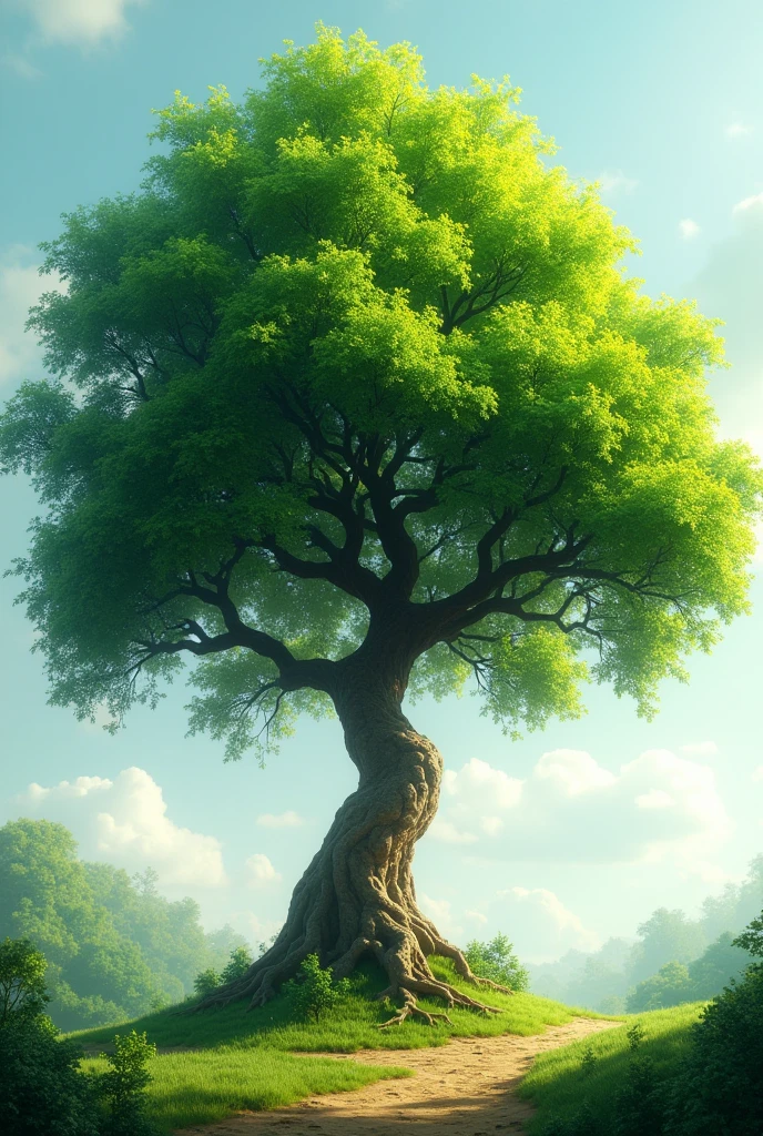 Suggested images: Young tree with sturdy trunk and many leaves.