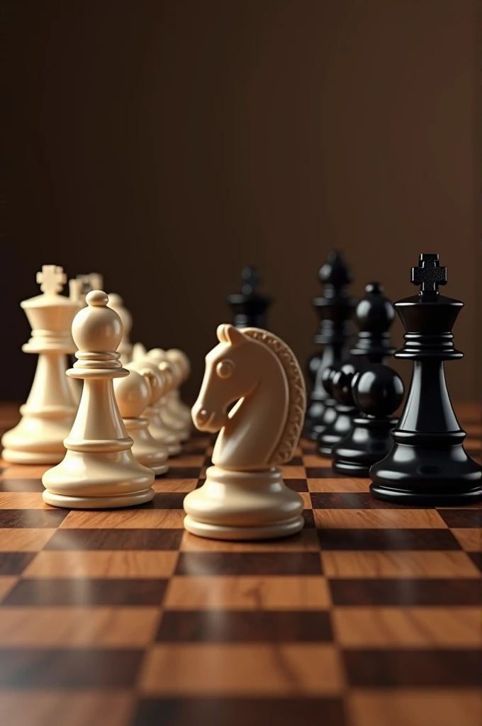 "An elegant chessboard with a classic wooden design, featuring well-crafted light-colored and dark-colored chess pieces arranged in the standard starting position. The chessboard is made of polished wood with a rich, warm tone. The light pieces are creamy white, while the dark pieces are glossy black, both designed with intricate details. The background is simple, ensuring full focus on the chessboard, creating a sense of anticipation as if the game is about to begin."